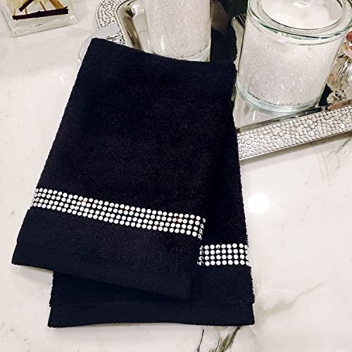 Stripe Fingertip Towel (Set of 2), 100% Turkish Cotton, Glass Rhinestones, 13", Machine Washable, Taupe - color: Taupe