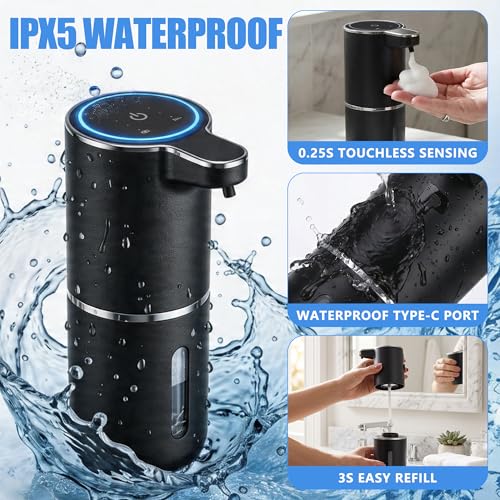 2-Pack Automatic Foam Soap Dispenser – USB Rechargeable Smart Hand Soap Dispenser with 4-Level Adjustable, 380mL Wall Mounted or Countertop, IPX5 Waterproof, for Bathroom Kitchen (Black) - color: Black2