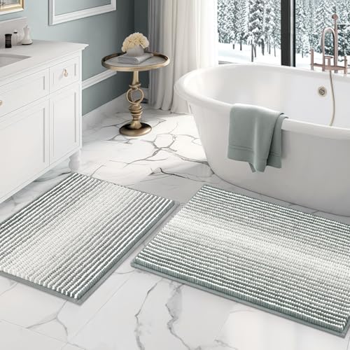 Bathroom Rugs and Mats Sets, 2 Piece Thick Absorbent Chenille Bath Mat Rug Set Non Slip, Soft Shaggy Bath Room Floor Mats for Bathroom, Machine Washable (Light Gray, 20" x 32" Plus 16" x 24") - color: Light Gray, size: 20" x 32" Plus 16" x 24"