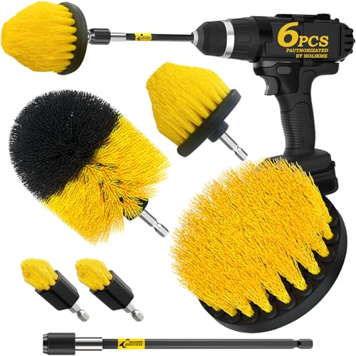 Holikme 6 Pack Drill Brush Attachment Set, Extended All Purpose Cleaning | Includes Extended Long Attachment & Crevice Corner Brushes. For Bathroom, Grout, Floor, Tub, Shower, Tile, Kitchen, Car