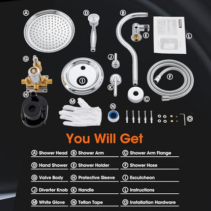 Rainfall Shower System Shower Faucet Set, Luxury, Antique, Polished Chrome | 9 Inch Shower Head and Handheld Spray, Pressure Balance Valve, Wall Mounted, Bathroom, Shower Trim Kit - color: Polished Chrome, style: With Handheld