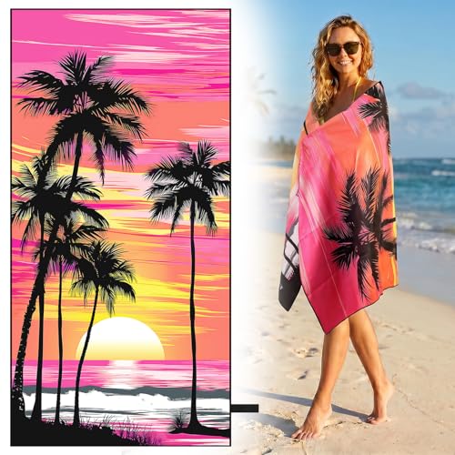 Oversized Microfiber Beach Towel Thin, Pink Sunset Seaside Double Sided Towel 1PC, Large Sand Free Quick Dry Soft Swim Absorbent Compat Towels for Women Adult Men, Summer Swim Yoga Holiday, 35"x71" - style: Pink Sunset Seaside