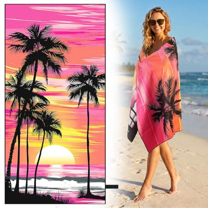 Oversized Microfiber Beach Towel Thin, Pink Sunset Seaside Double Sided Towel 1PC, Large Sand Free Quick Dry Soft Swim Absorbent Compat Towels for Women Adult Men, Summer Swim Yoga Holiday, 35"x71" - style: Pink Sunset Seaside