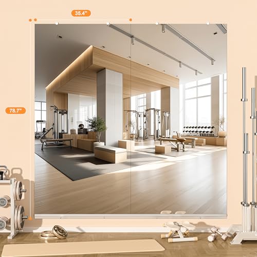 Hasipu Home Gym Mirror, 79"x36" Each, 1-Pack Frameless Wall Mounted Mirrors with Glass Clamps & 1 Aluminum Rail, Large Body Mirror for Home Gym, Yoga Studio, Bedroom, Silver Tempered Glass - size: 79"L x 36"W
