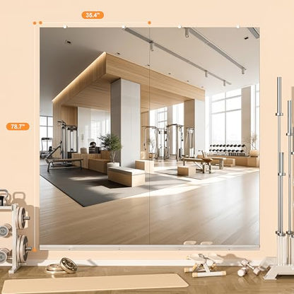 Hasipu Home Gym Mirror, 79"x36" Each, 2-Pack Frameless Wall Mounted Mirrors with Glass Clamps & 1 Aluminum Rail, Large Body Mirror for Home Gym, Yoga Studio, Bedroom, Silver Tempered Glass - size: 79"x36" - 2PCS