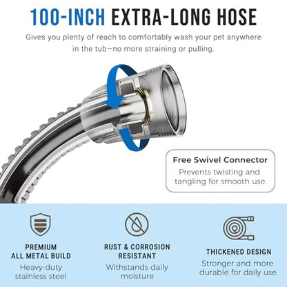 G-Promise Dog Shower Attachment with Flow Control | High Pressure, with Flow Control Lever, Extra Long Hose, Easy to Install, No-Drill Hook Mount - color: Brushed Nickel, size: 100 Inch Hose