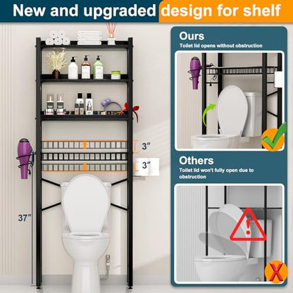 Over The Toilet Storage Cabinet,4 Tier Bathroom Organizer and Storage With Adjustable Shelf Waterproof Feet Pad and Basket Multifunctional Space Saver Freestanding Bathroom Shelves With Dividers Black - color: Black