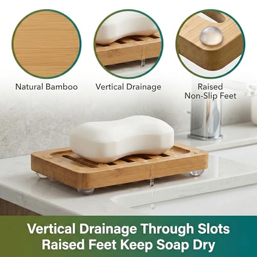 Bamboo Soap Dish with Drainage, 2 Pack Slotted Self Draining Bar Soap Holder, Acacia Finish for Shower, Bathroom Sink & Kitchen Countertop - color: Acacia Brown