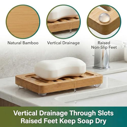 Bamboo Soap Dish with Drainage, 2 Pack Slotted Self Draining Bar Soap Holder, Acacia Finish for Shower, Bathroom Sink & Kitchen Countertop - color: Acacia Brown
