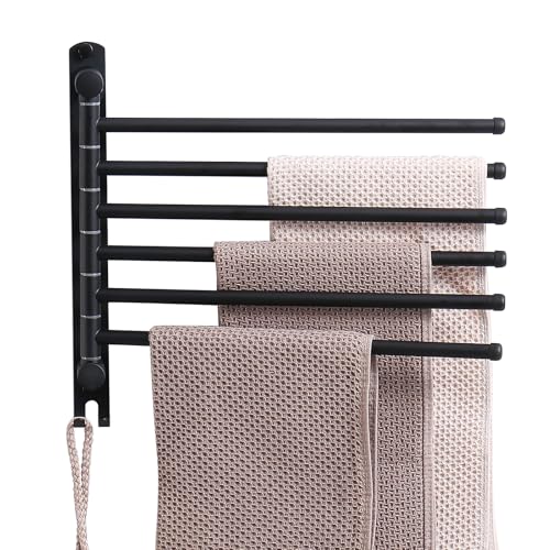 Swivel Towel Rack, 14" Thicken 304 Stainless Steel 6-Arm Adjustable Towel Bar,Wall Mounted Towel Holder with Hook, Space Saving for Kitchen, Bathroom, Outdoor (Black, 6 Arms) - color: Black, size: 6-arms
