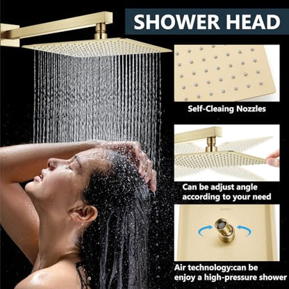 Aolemi Shower Faucet Set with Handheld Brushed Gold 16 Inch Head | Pressure Balance Shower Valve and Trim Kit,SUS304 Rain Head and Handle System,All Metal,Wall Mount,Bathroom,Handheld Spray - color: Gold, size: 16 Inch Wall Mount Shower Head