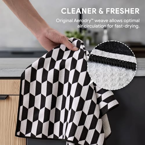 RECYCO Waffle Kitchen Towel Set of 2 - Quick Dry Microfiber Sustainable Dish Towels - Ultra Absorbent Reusable Cleaning Tea Towels - Lightweight Hand Towels,16”x 28”, Black & White Mirage - color: Black & White Mirage