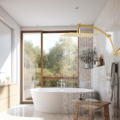 Hibbent All Metal 16'' Shower Head Extension Arm, Brushed Brass | Solid Brass Adjustable Shower Arm with Lock Joint, Flexible Height & Angle, Universal Connection Shower Head Extender - color: Brushed Brass, size: 16 Inch