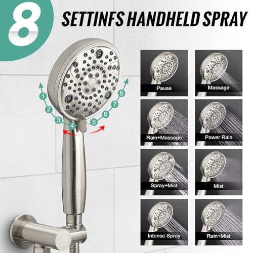 SR SUN RISE Shower Faucet - 8 Inch Multifunctional High Pressure Shower Head System with Handheld Shower Head Fixtures - Valve Included - Brushed Nickel - color: Brushed Nickel, size: 8 Inch