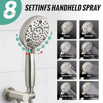 SR SUN RISE Shower Faucet - 8 Inch Multifunctional High Pressure Shower Head System with Handheld Shower Head Fixtures - Valve Included - Brushed Nickel - color: Brushed Nickel, size: 8 Inch