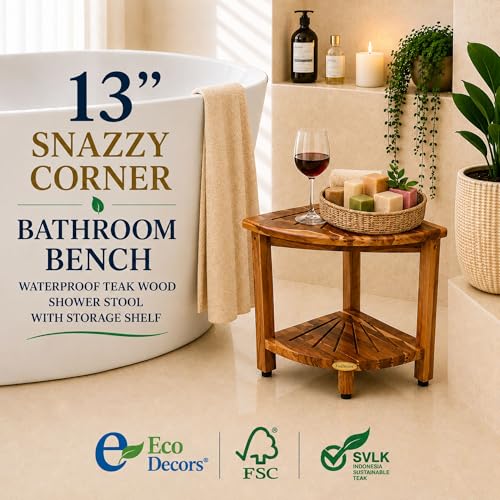 EcoDecors 13" Teak Corner Shower Bench with Shelf, Waterproof Stool | Space-saving corner shower bench with storage shelf keeps shampoo, soap, razors, and bath essentials organized