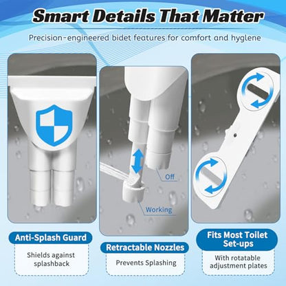 Bidet Attachment for Toilet,Ultra Thin,Self-Cleaning Dual Nozzles | Adjustable Water Pressure,Non-Electric,Rotate Button Control,One Click Detach,Fits Most Toilets,Cold Water,White,Square