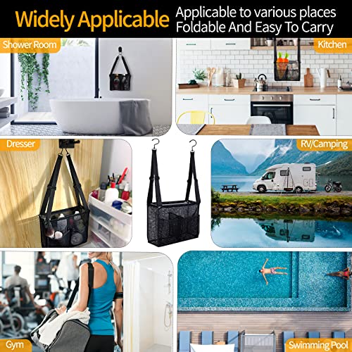 4 Storage Pockets Adjustable Hanging Mesh Bathroom Bag, Shower Caddy College with Hooks, Applied to College Dorm Rooms, Gym, Swimming and RV Travel (Black) - color: Black