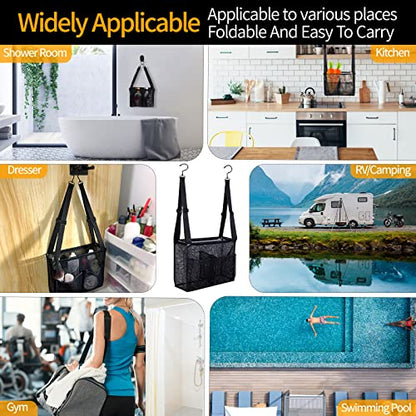 4 Storage Pockets Adjustable Hanging Mesh Bathroom Bag, Shower Caddy College with Hooks, Applied to College Dorm Rooms, Gym, Swimming and RV Travel (Black) - color: Black