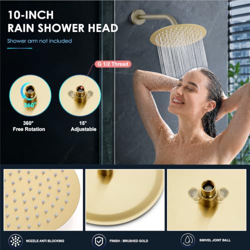 Midanya Round Rain Shower Head,High Pressure,Brushed Gold 10 Inch | 360°Swivel,Ceiling or Wall Mount,Waterfall Full Body Coverage,Bathroom Remodel,Stainless Steel Large Rainfall Shower Head - color: Gold, size: 10 Inch