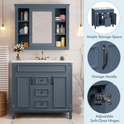 Merax 36" Bathroom Vanity with Sink, 2 Doors & 2 Drawers Storage Cabinet | Freestanding Single Bathroom Sink Vanity Cabinet Set with 36" Ceramic Sink (Sink Cabinet Only, Slate Blue) - color: Blue, style: Sink Cabinet Only