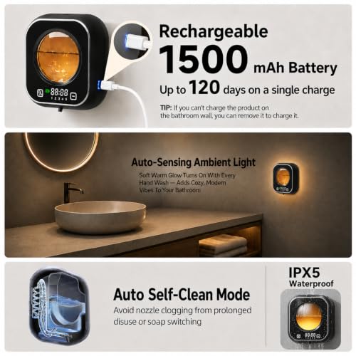 Automatic Soap Dispenser Touchless, Wall Mount, Rechargeable, Mood Lighting | 5 Adjustable Levels, IPX5 Waterproof, LED Clock, 320ML, Hand & Dish Soap for Bathroom Kitchen, Black - color: Black