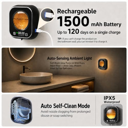 Automatic Soap Dispenser Touchless, Wall Mount, Rechargeable, Mood Lighting | 5 Adjustable Foam Levels, IPX5 Waterproof, LED Clock, 320ML, Hand & Dish Soap for Bathroom Kitchen, Black - color: Foam Black