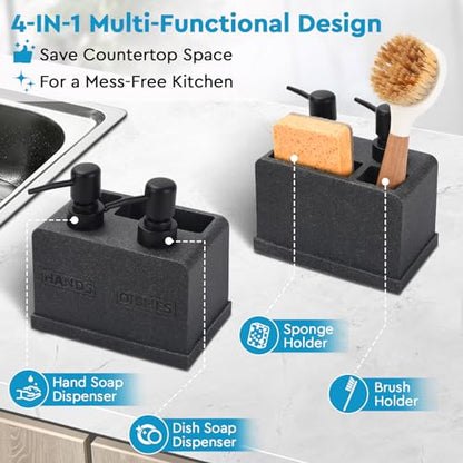 Kitchen Soap Dispenser Set,Hand and Dish Soap Dispenser,Sponge Caddy and Brush Holder 4-in-1 Kitchen Dual Soap Dispenser Set for Kitchen Sink,Bathroom -Black - color: 4 in 1 - Black