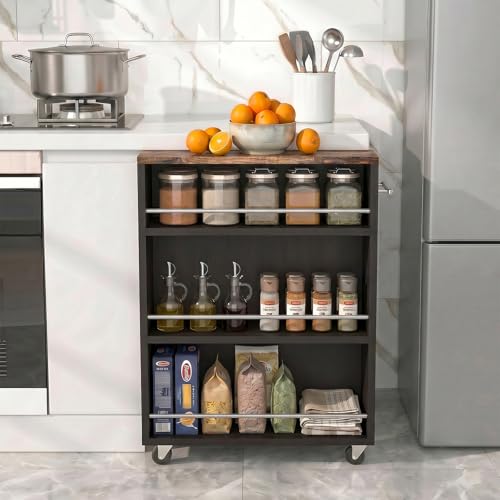 4-Tier Slim Rolling Cart with Wheels, 7.9"W Narrow Storage, Black & Brown | 4 adjustable MDF shelves (20 lbs each), 360° casters + side handle, Fits kitchen, laundry, bathroom & dorm tight gaps - color: Black