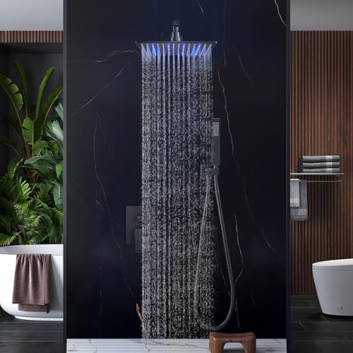 Aolemi Shower Faucet Set with Valve Handheld 16" LED Head Matte Black | Handheld Spray,16 Inch Rain LED Head,Valve and Trim Kit,All Metal,Wall Mount Shower System,Bathroom Mixer - color: Black, size: 16 Inch LED Shower Head