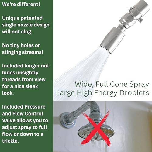 High Sierra® - Solid Metal 1.25 GPM Award Winning, Ultra Low Flow Shower Head with Trickle Valve. Patented Nozzle Never Clogs. Long Nut Hides Shower Arm Threads. Polished Chrome Finish - color: Chrome, size: 1.25 GPM