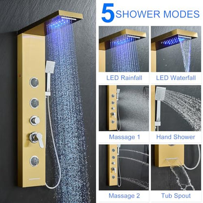 5-in-1 Shower Panel Tower System with LED Lights, 2-in-1 Body Massage, Rainfall, Waterfall,Handheld and Tub Spout, Stainless Steel Shower Column - Gold - color: Gold - 2-in-1 Body Jets