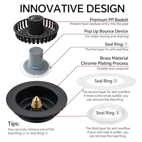 Kitchen Sink Stopper, 3 in 1 Pop Up Kitchen Sink Drain Strainer, with an Extra Basket Strainer, Sink Drain Stopper for US Standard 3-1/2 Inch, Brass Material Electroplate (Black) - color: Black
