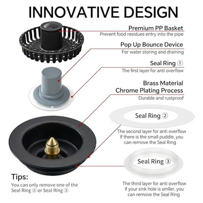 Kitchen Sink Stopper, 3 in 1 Pop Up Kitchen Sink Drain Strainer, with an Extra Basket Strainer, Sink Drain Stopper for US Standard 3-1/2 Inch, Brass Material Electroplate (Black) - color: Black