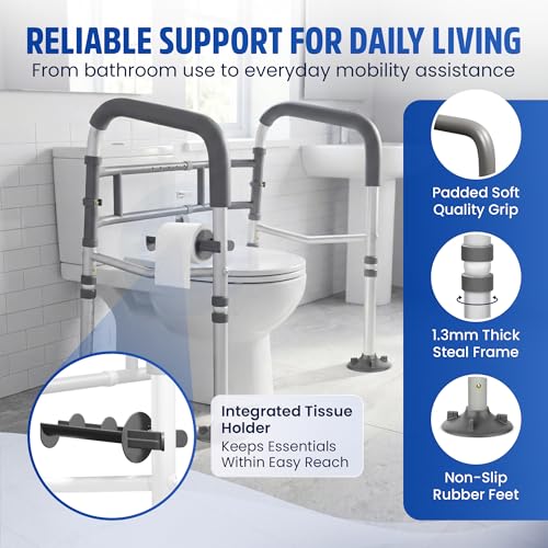Toilet Safety Rails for Seniors 350lb, Adjustable Height & Width Toilet Bars for Elderly | Foldable Non-Slip Toilet Safety Frame, 4 Suction Cups & 4 Tips, Reinforced 2 C-Clamp – Fits Most Toilets