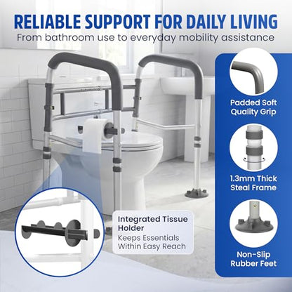 Toilet Safety Rails for Seniors 350lb, Adjustable Height & Width Toilet Bars for Elderly | Foldable Non-Slip Toilet Safety Frame, 4 Suction Cups & 4 Tips, Reinforced 2 C-Clamp – Fits Most Toilets
