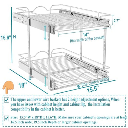 OCG 2 Tier Pull Out Cabinet Organizer (15.5" W x 18" D), Pull Out Drawers for Kitchen Cabinets, Pull Out Shelves for Base Cabinet Organization in Kitchen Bathroom Pantry, Chrome Finish - size: 15.5"W x 18"D, 2 Tier