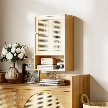 HITNET Bathroom Wall Cabinet, Rattan Medicine Cabinet, Bamboo Hanging Storage Organizer Over The Toilet with Adjustable Shelf for Living Room, Kitchen, Hallway(Natural) - color: Natural