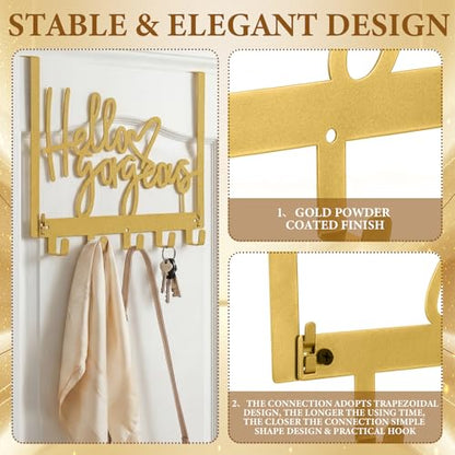 Sieral "Hello Gorgeous Over The Door Hook Rack – Gold Decorative Towel Hanger with Hooks, No Drill Wall Mount for Bathroom Bedroom Entryway, Fits Doors 1.4"–1.8" Thick