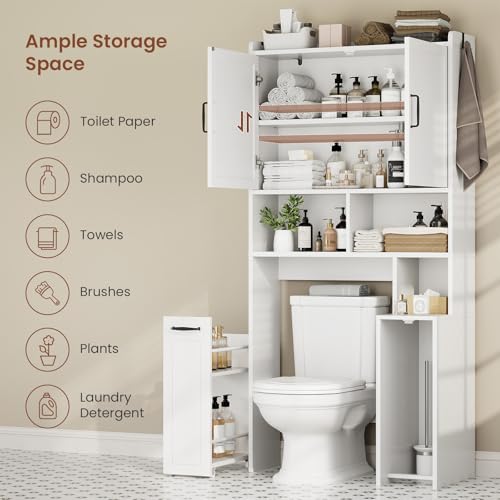 Over The Toilet Storage Cabinet with Rolling Storage Cart, Bathroom Organizers and Storage with Adjustable Shelf & Hooks, Above Toilet Rack for Bathroom, Restroom, Laundry, Save Space, White