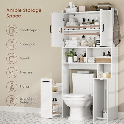 Over The Toilet Storage Cabinet with Rolling Storage Cart, Bathroom Organizers and Storage with Adjustable Shelf & Hooks, Above Toilet Rack for Bathroom, Restroom, Laundry, Save Space, White
