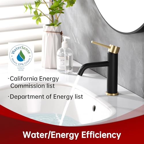 SUMERAIN Modern Single Handle Bathroom Sink Faucet, Black and Gold | Single Hole, Lead-Free, Stainless Steel, with Faucet Supply Lines, Easy DIY Install - color: Black and Gold, size: Undermount Sink faucet