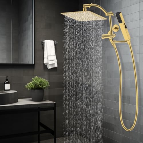 Hibbent All Metal CUPC Certified 10'' Rain Shower Head, Dual Shower Head Combo, High Pressure Handheld 4 Sprays Shower Wand, 16'' Adjustable Extension Arm, 71'' Hose, Shower Holder, Brushed Gold - color: Brushed Gold, style: Square 10''