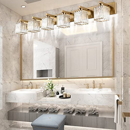 Aipsun Bathroom Vanity Light Brass Crystal Vanity Lighting Fixtures 6 Light Modern Bathroom Lighting Fixtures (Exclude Bulb) - color: Gold, size: 49 inch