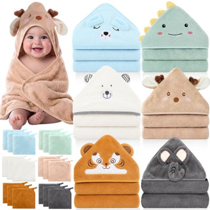 Tegeme 24 Pcs Large Hooded Baby Towel with Washcloths,Mixed | Ultra Absorbent, Toddler, 6 Bath Towel, 18 Washcloths 10inch, Coral Fleece, Newborn, Infant, Boy, Girl, Baby Shower, Birthday - style: Mixed