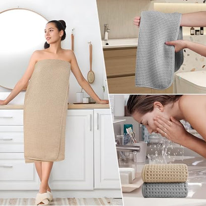 POLYTE 430 GSM Poly Blend Microfiber Quick Dry Waffle Bath Towel Set of 6 | 2-Body Towels, 2-Hand Towels, 2-Wash cloths, Oversize, Lint Free - color: Beige,light Gray