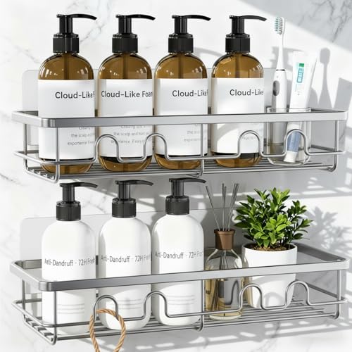 Adhesive Shower Caddy, Large Capacity Shower Racks for Inside Shower, No Drill Bathroom Shower Organizer and Storage, 2 Pack Silver Bathroom Shelves, Home Decor Rv Accessories, Apartment - color: Silver