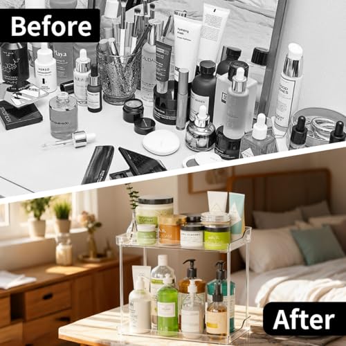 2 Tier Acrylic Bathroom Organizer Countertop Vanity Tray | Clear Corner Makeup Storage Counter, Perfume Holder, Bedroom Kitchen Living Room Space Saving Storage Solution