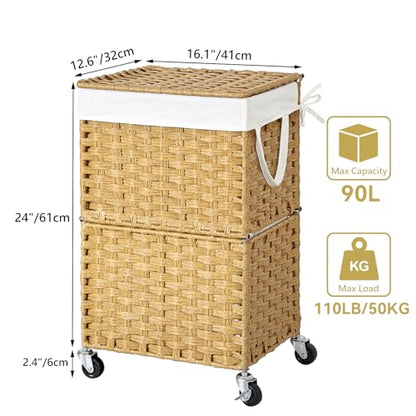 Chrislley Wicker Laundry Basket with Wheels,Rolling Laundry Hamper with Lid | 90L Slim Clothes Hamper with Wheels & Removable Liner Bag, Handwoven Rattan Laundry Organizer for Bedroom, Bathroom, Yellow - color: Yellow