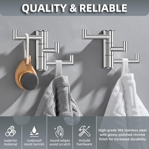 Angle Simple Swivel Towel Hooks, Robe Coat Hook 2 Pack, Polished Chrome | 304 Stainless Steel, Foldable Hand Towel Holder for Bathroom Kitchen Closet Cabinet, Compact Space Saver, Screws Wall Mount - color: Polished Chrome, size: 2 Pack